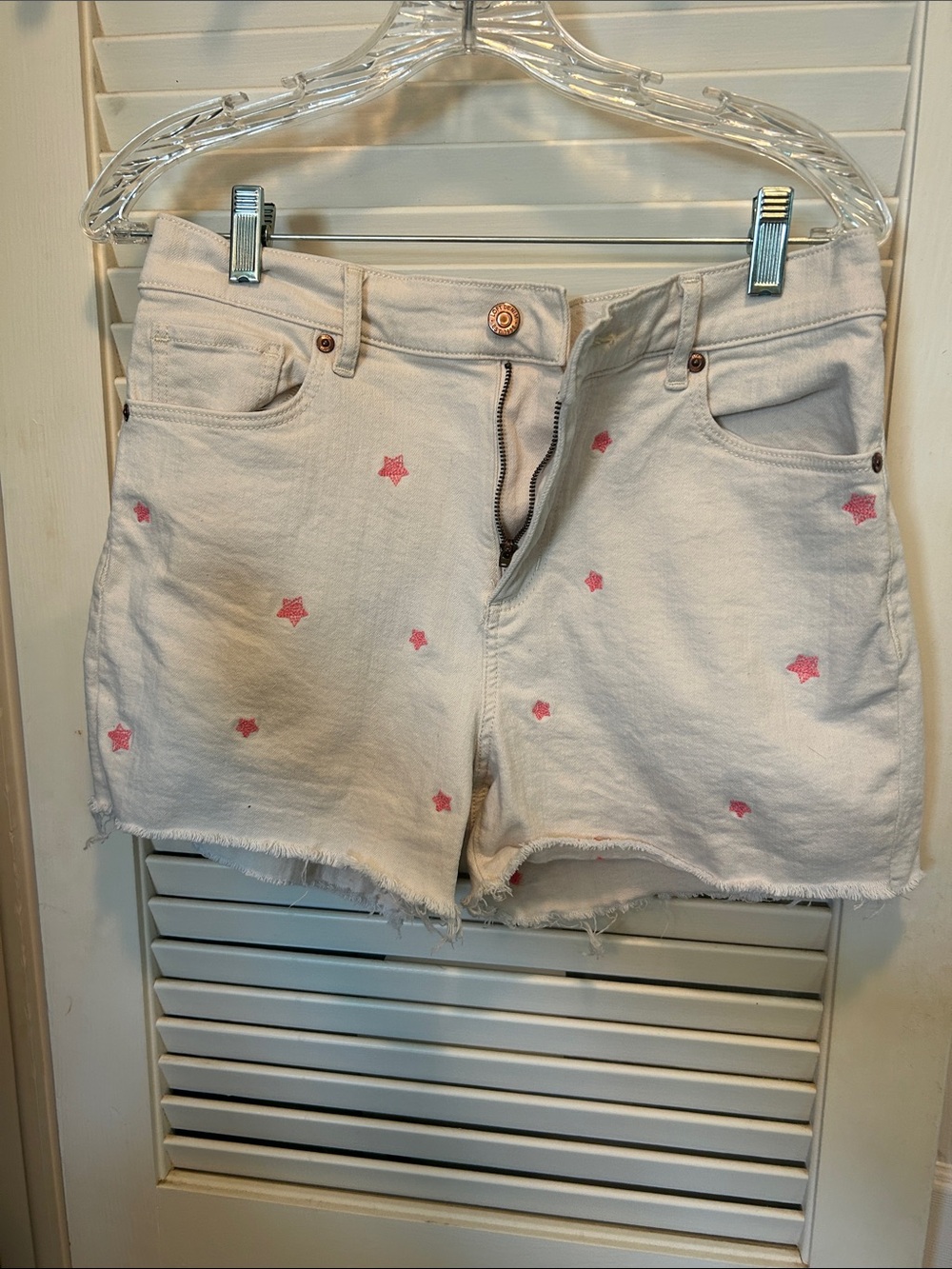 LOFT cream Denim Shorts with Pink Star Embroidery